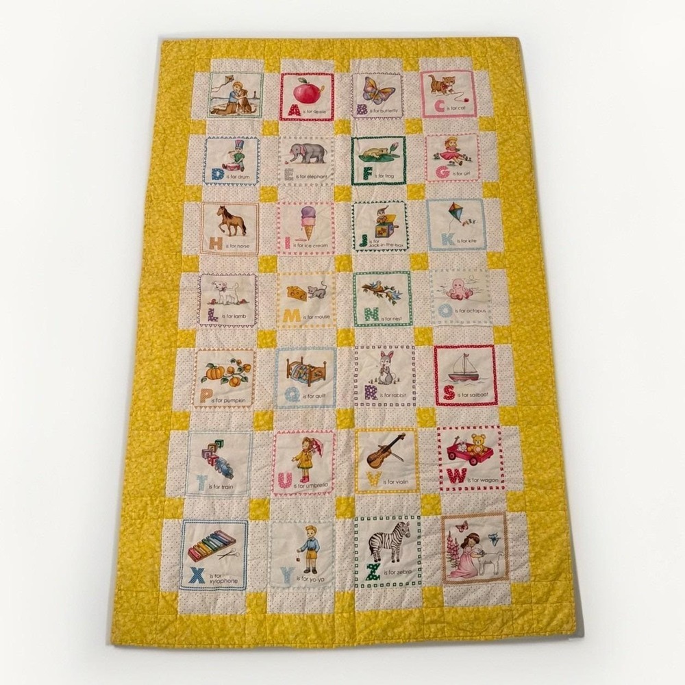 Handmade Children's Alphabet Yellow White Quilt Squares Handprint Back 48.5"x32"